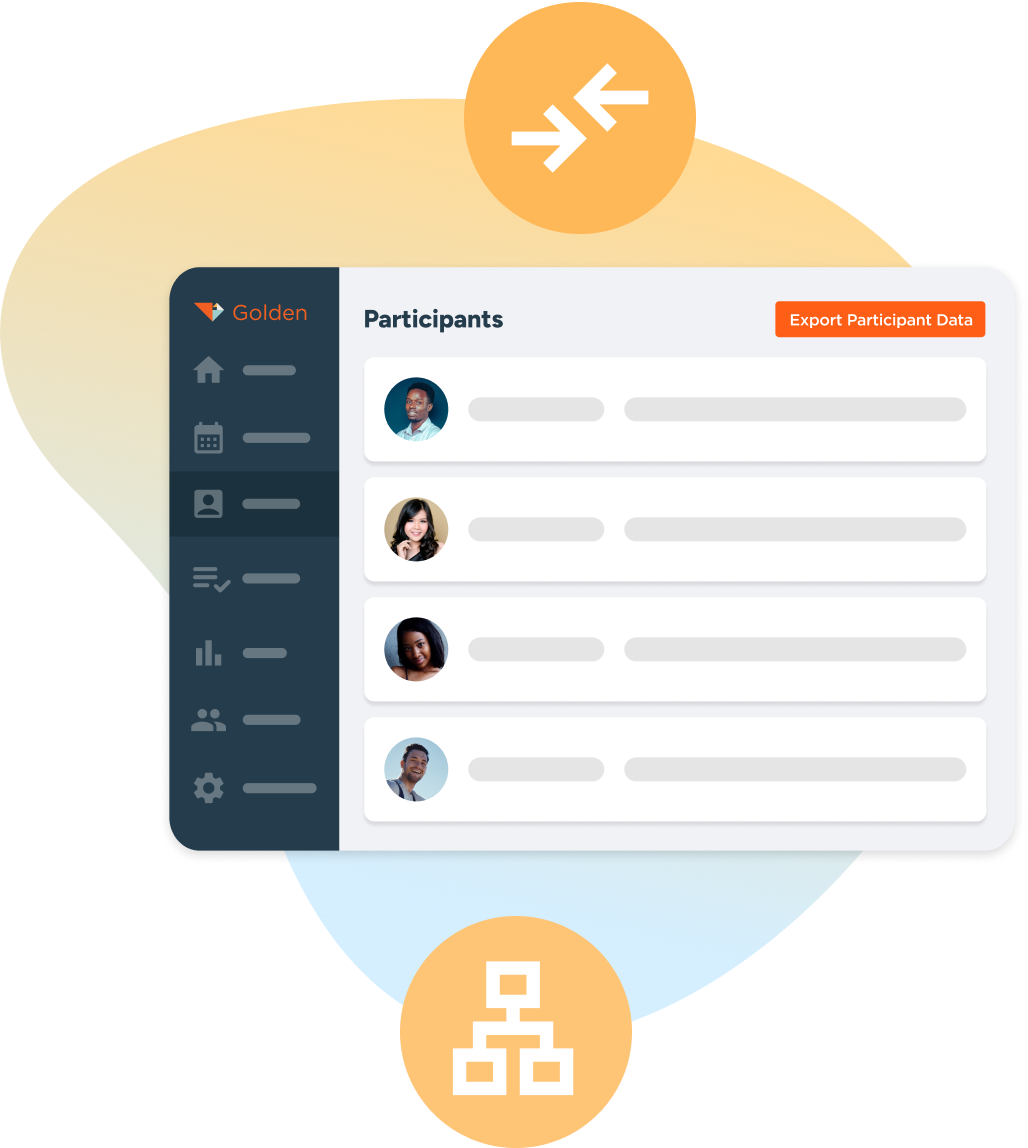 Golden volunteer management platform dashboard showing participants list with profile photos and export option, accompanied by icons representing quick deployment and integration