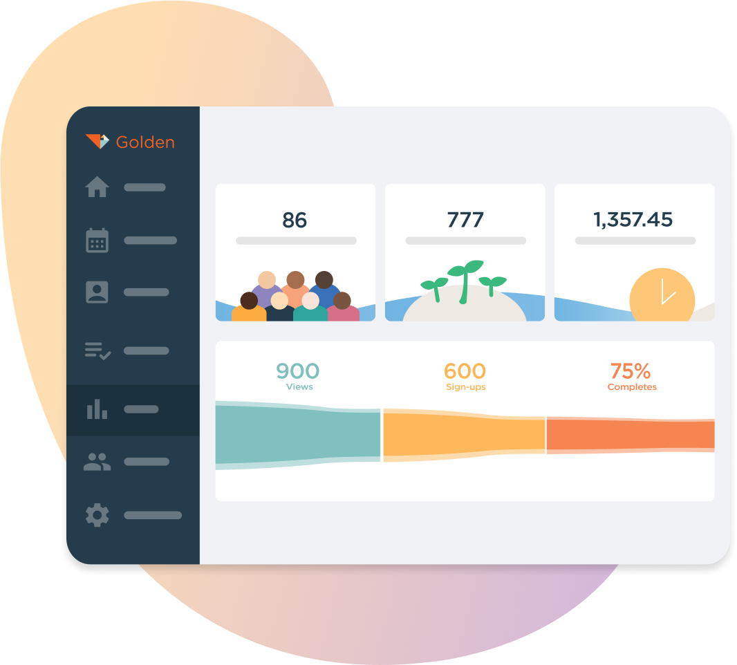 Golden volunteer management dashboard displaying engagement metrics including number of events, volunteer sign-ups, donation value, and completion rates.