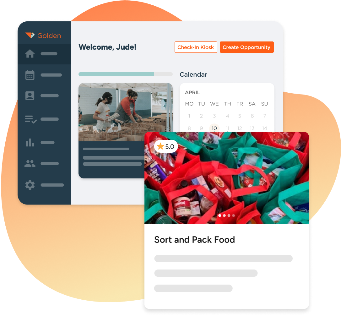 Golden volunteer management dashboard displaying a specific opportunity for food bank volunteers.