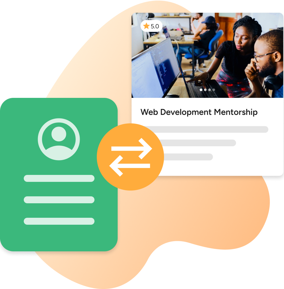 Golden employee volunteer matching interface with profile card, Web Development Mentorship opportunity, and personalized recommendation icon