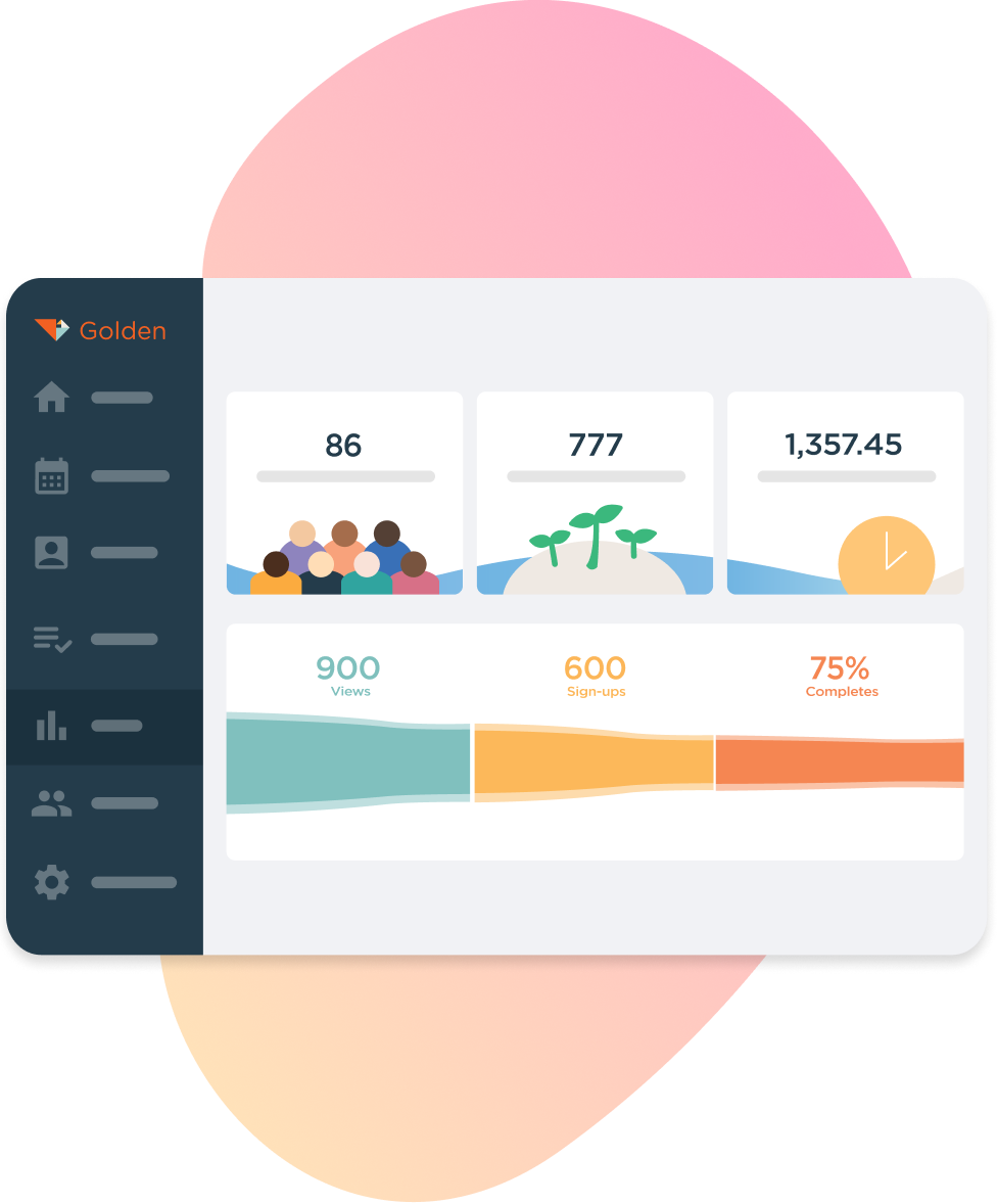 Golden volunteer management dashboard displaying engagement metrics including number of events, volunteer sign-ups, donation value, and completion rates.